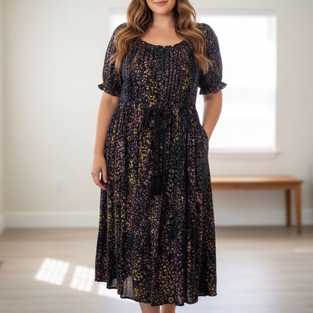 NWOT Torrid Sz 0 Black Floral Camo Smocked On Shoulder Midi Dress Prairie Boho